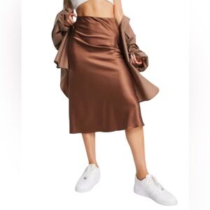 Asos Monki Midi Bronze Brown Satin Skirt Sz XL